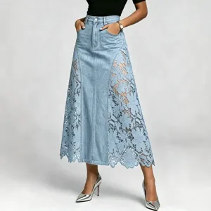 Denim lace patchwork maxi skirt high waist elegant casual stylish ladies long skirt