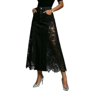 Black denim long skirt with lace side panels, high waist bodycon maxi skirt for women.
