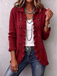Women's red knitted cardigan with ruffles and buttons, long sleeve casual sweater detail.