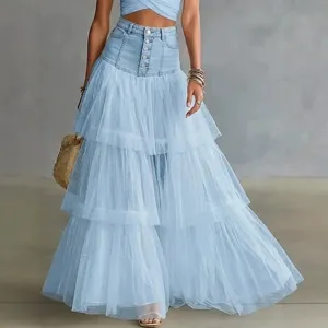 Women High Waist Denim Spliced Multi Layer Mesh Maxi Skirt Casual Elegant A-Line Long Skirt Female Bottoms