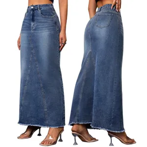 Women High Waist Denim Fishtail Midi Skirt Casual Raw Edge Slim Fit Long Skirt Blue Streetwear Fashion Apparel