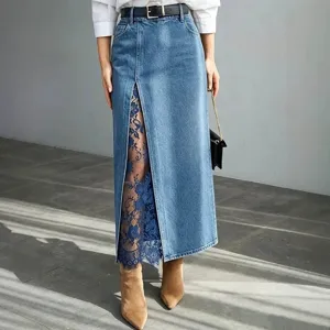 Women's Casual High Waist Denim Midi Skirt Patchwork Lace Trim A-Line Long Skirt Streetwear Fashion Bottoms