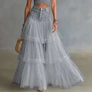 Women high waist denim mesh spliced layered maxi skirt elegant grey long skirt fashion