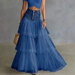 Denim and mesh spliced maxi skirt, high waist tiered long skirt for women, stylish spring apparel.