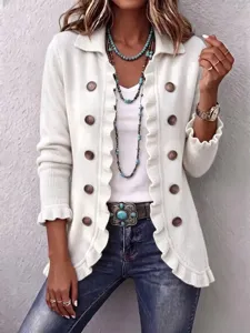 Women solid color long sleeve ruffle knit cardigan open front sweater with double breasted buttons