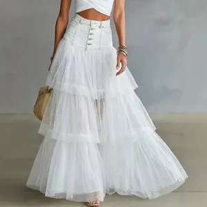 Women high waist denim and tiered mesh patchwork long skirt elegant summer casual maxi skirt