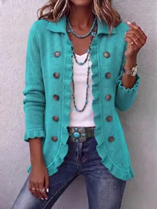 Women's solid color long sleeve ruffle knit cardigan with double-breasted buttons fashion.