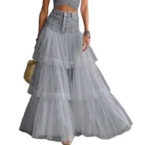 Chic denim and layered mesh spliced maxi skirt for women, high waist tiered long skirt.