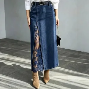 High waist washed denim maxi skirt with lace trim front split casual long denim skirt
