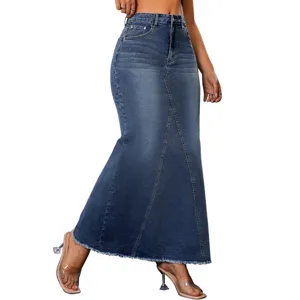 Women high waist denim mermaid maxi skirt casual raw hem blue long denim maxi skirts