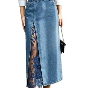 High-waist washed denim maxi skirt with front slit and blue lace patchwork, casual chic.