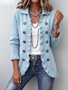 Women solid color long sleeve ruffle knit cardigan detailed view showing double breasted buttons.