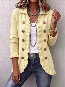 Women solid color long sleeve ruffle knit cardigan open front daily casual outerwear