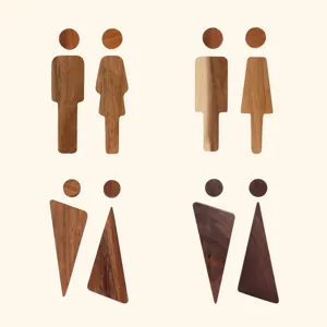 Nahaufnahme von kreativen Holztürschildern für Toiletten, minimalistische Damen und Herren.