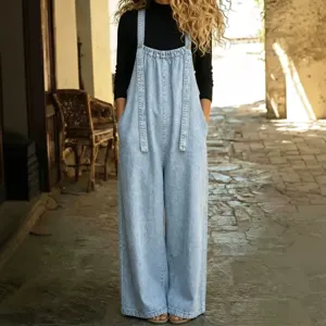 Mujer vintage desgastado holgado casual denim jumpsuit moda streetwear ropa estilo