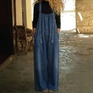 mujeres vintage desgastada holgada casual estilo denim peto jumpsuit visualizacion principal