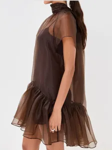 Sheer organza mini dress detail, brown high neck tiered ruffles side view fashion.