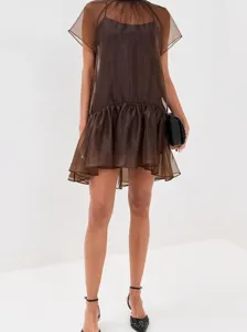 Brown sheer chiffon mini dress detail, high neck and ruffled hem summer fashion wear.