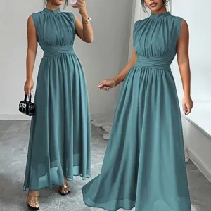 Elegante abito lungo smanicato con collo alto da donna estate vacanza casual vestito lungo plissettato