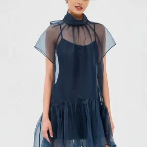 Women's Summer High Neck Chiffon Short Dress Elegant Solid Color Patchwork Sleeveless Mini Dress Party Chic Female Apparel