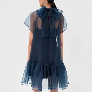 Summer new women fashion sheer organza short dress with big bow back and ruffled hem chic.