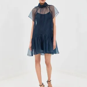Summer dark blue sheer high neck chiffon mini dress elegant women fashion chic style