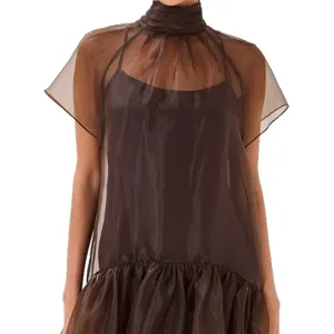 Summer fashion women high-neck sheer chiffon mini dress elegant stylish party cute outfit