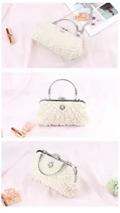 Elegant pearl evening bag detail, handcrafted beaded clutch with metallic clasp and handle.