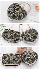 Detailed view of luxury black rhinestone evening clutch bag, elegant beaded design for dress.