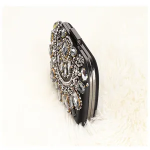 Elegant black crystal rhinestone evening clutch bag with exquisite bead embroidery for women.