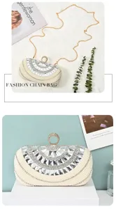 Elegant pearl rhinestone evening clutch bag with chain strap, luxury wedding party crossbody bag.