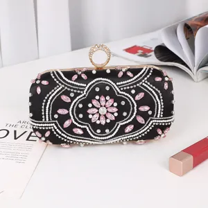 Women Rhinestone Beaded Evening Bag Vintage Satin Clutch Purse Wedding Banquet Handbag With Ring Clasp