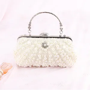 Women Artificial Pearl Evening Bag Handmade Beaded Handbag Rhinestone Clutches Wedding Party Shoulder Bag Metal Chain Purse