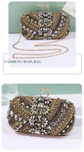 Elegant beaded evening clutch bag with sparkling rhinestones and chain strap for women.