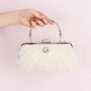 Elegant pearl beaded evening clutch bag with rhinestone clasp for women wedding party bag.