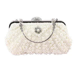 Elegant white pearl evening clutch bag with rhinestone clasp and metal chain for women party.
