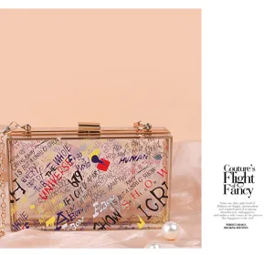 Clear acrylic graffiti crossbody bag for women, stylish square shoulder handbag with chain.