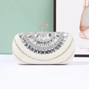 Women Rhinestone Pearl Evening Bag Elegant PU Leather Clutch Purse Wedding Party Chain Crossbody Small Square Bag