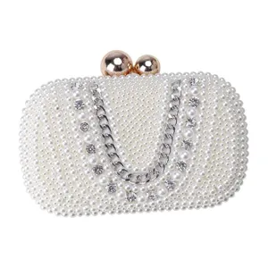 Elegant pearl evening clutch bag for women, sparkling rhinestone decoration and gold clasp.