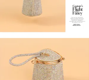 Sparkling rhinestone evening bucket bag with gold hardware for luxury party and wedding.