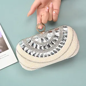 Elegant pearl evening clutch bag with rhinestone and ring handle for women main view