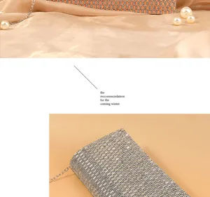 Detailed view of the sparkling rhinestone evening clutch bag with elegant satin backdrop.