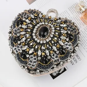 Women Retro Evening Bag Black Rhinestone Beaded Clutch Bag Luxury Crystal Wedding Party Handbag Square Heart Style