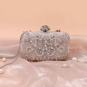 Women Rhinestone Evening Bag Beaded Clutch Luxury Floral Banquet Shoulder Bag Polyester Party Purse