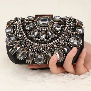 Women Fashion Luxury Evening Bag Rhinestone Beaded Clutch Bag Metallic Frame Lock Crossbody Shoulder Bag Party Prom Handbag