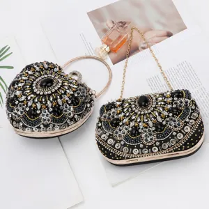 Vintage black rhinestone evening clutch bag with chain and heart shape for women party dress