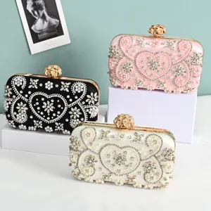Vintage Satin Evening Bag Women Rhinestone Artificial Pearl Handbag Luxury Wedding Party Clutch Purse Chain Shoulder Bag
