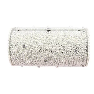 Elegante borsa a cilindro con perle, raffinata pochette a tracolla da donna per feste