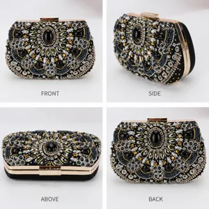 Elegant black evening clutch bag with sparkling crystals and beads, vintage design for parties.