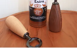 Nordic retro walnut beer bottle opener with wooden handle for home kitchen bar use, minimalist style.